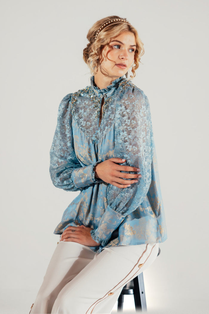 SKYLA SATIN LACE TOP | LIGHT BLUE WITH CORNSILK